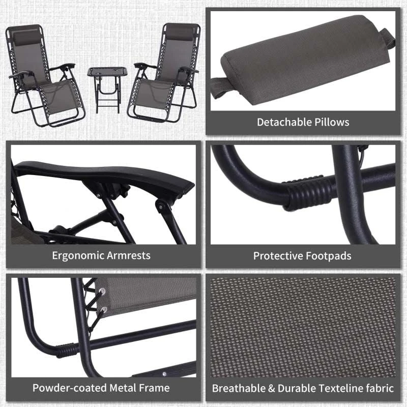 Outsunny 3-Piece Reclining Sun Lounger Set With Table - Grey - 84B-271GY - Image 7