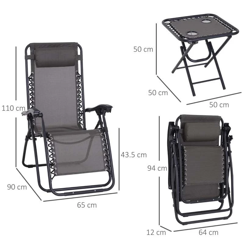 Outsunny 3-Piece Reclining Sun Lounger Set With Table - Grey - 84B-271GY - Image 3