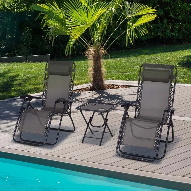 Outsunny 3-Piece Reclining Sun Lounger Set With Table - Grey - 84B-271GY - Image 8