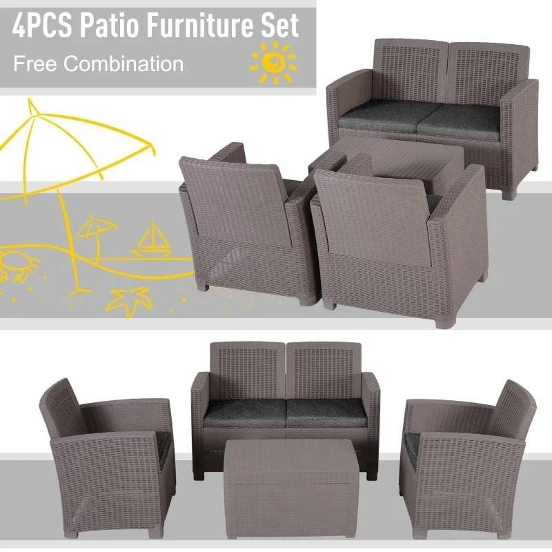 Outsunny 4-Seater Rattan Garden Furniture Set - Grey - 84B-372GY - Image 6