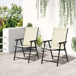 Outsunny Set Of 2 Foldable Metal Garden Chairs - Beige - 84B-381BG