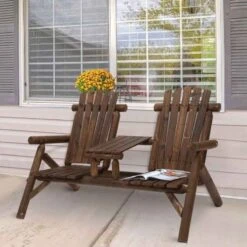 Outsunny Wooden Chair Garden Bench 2 Seats With Table - 84B-398