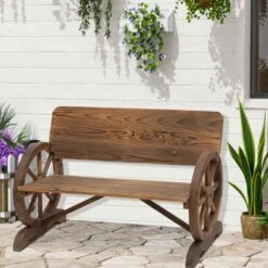 Outsunny Wooden Wagon Wheel Garden Bench - Brown - 84B-408