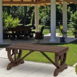 Outsunny Rustic Wooden Garden Bench With Wheel Shaped Legs - Brown - 84B-410