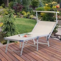 Outsunny Reclining Sun Lounger With Sun Shade - Beige - 84B-433BG