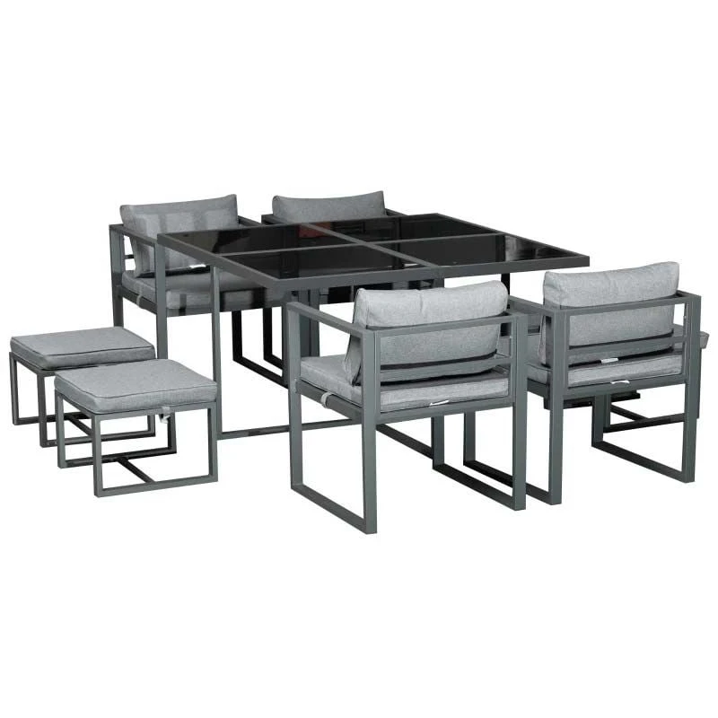 Outsunny 9 Piece Patio Dining Sets With Ottoman Table - Dark Grey - 84B-479V70 - Image 2