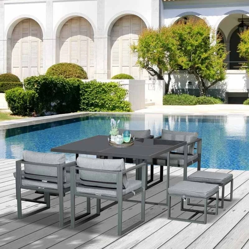 Outsunny 9 Piece Patio Dining Sets With Ottoman Table - Dark Grey - 84B-479V70 - Image 5