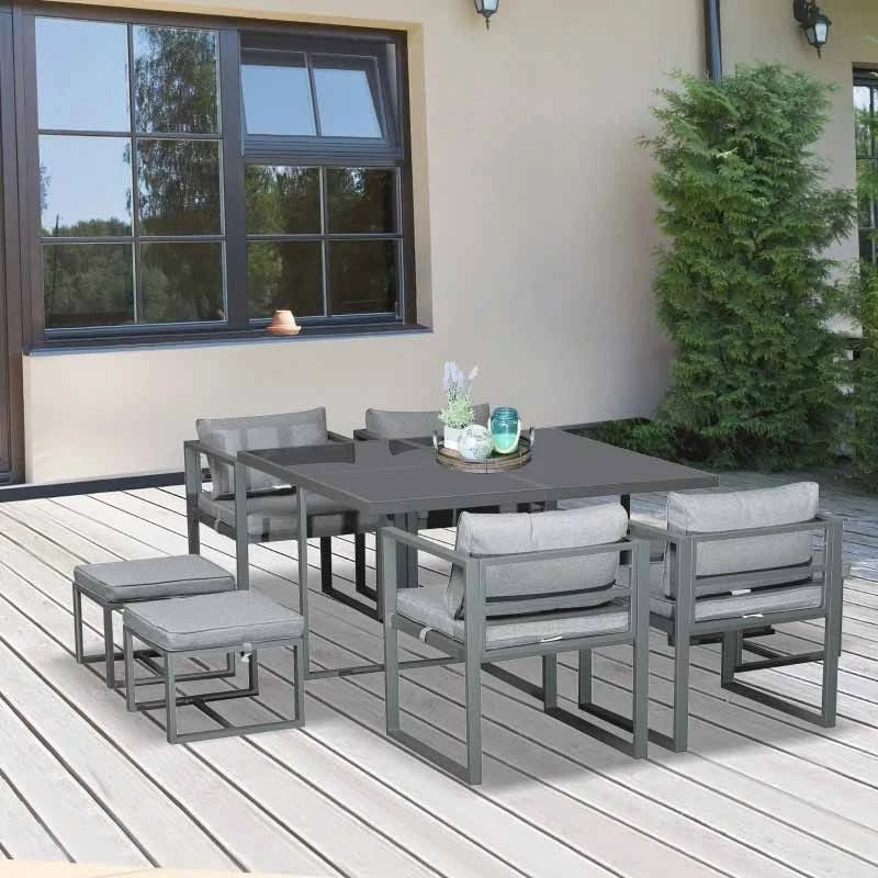 Outsunny 9 Piece Patio Dining Sets With Ottoman Table - Dark Grey - 84B-479V70
