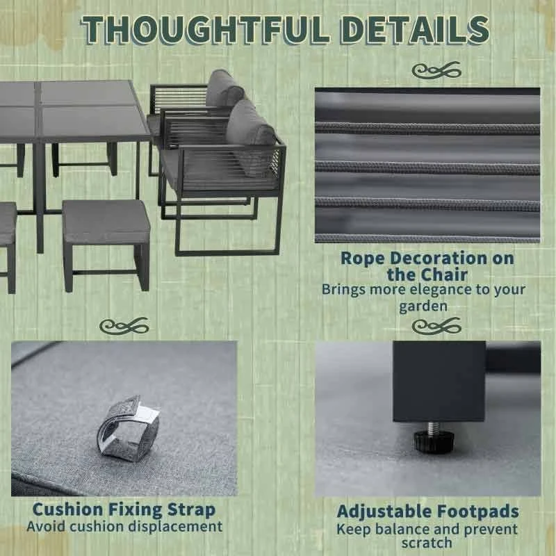 Outsunny 9 Piece Garden Dining Aluminium Cube Table Chairs & Footstool Set - Grey - 84B-657 - Image 7