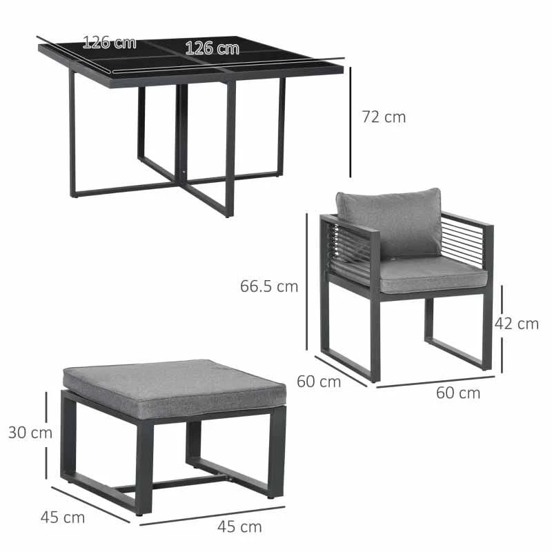 Outsunny 9 Piece Garden Dining Aluminium Cube Table Chairs & Footstool Set - Grey - 84B-657 - Image 2