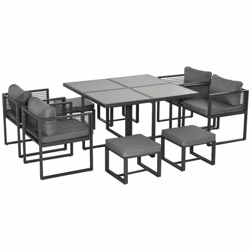 Outsunny 9 Piece Garden Dining Aluminium Cube Table Chairs & Footstool Set - Grey - 84B-657 - Image 3