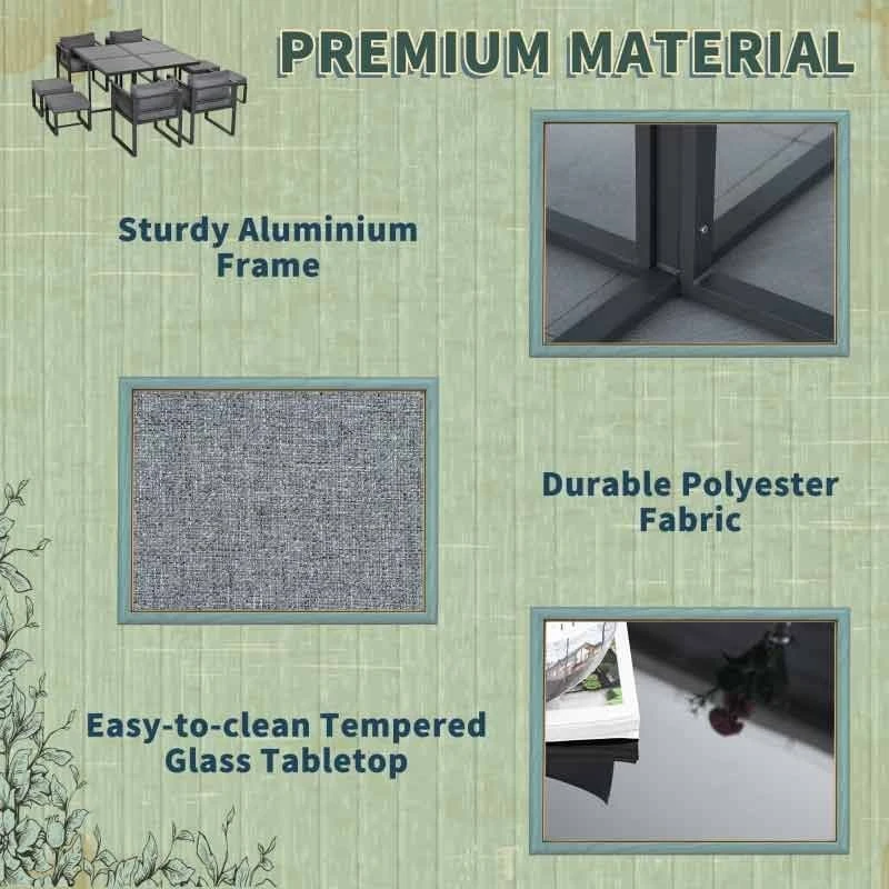 Outsunny 9 Piece Garden Dining Aluminium Cube Table Chairs & Footstool Set - Grey - 84B-657 - Image 5