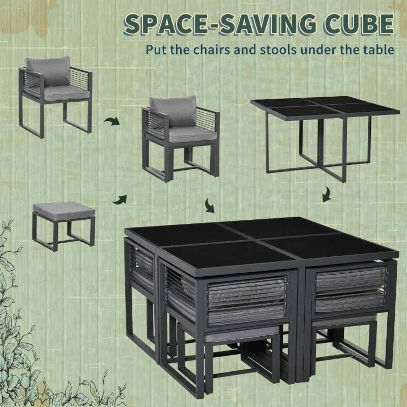 Outsunny 9 Piece Garden Dining Aluminium Cube Table Chairs & Footstool Set - Grey - 84B-657 - Image 4