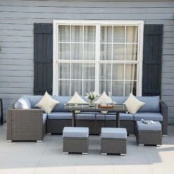 Outsunny 9-Seater Rattan Garden Furniture Set With Cushions - Grey/Blue - 860-014