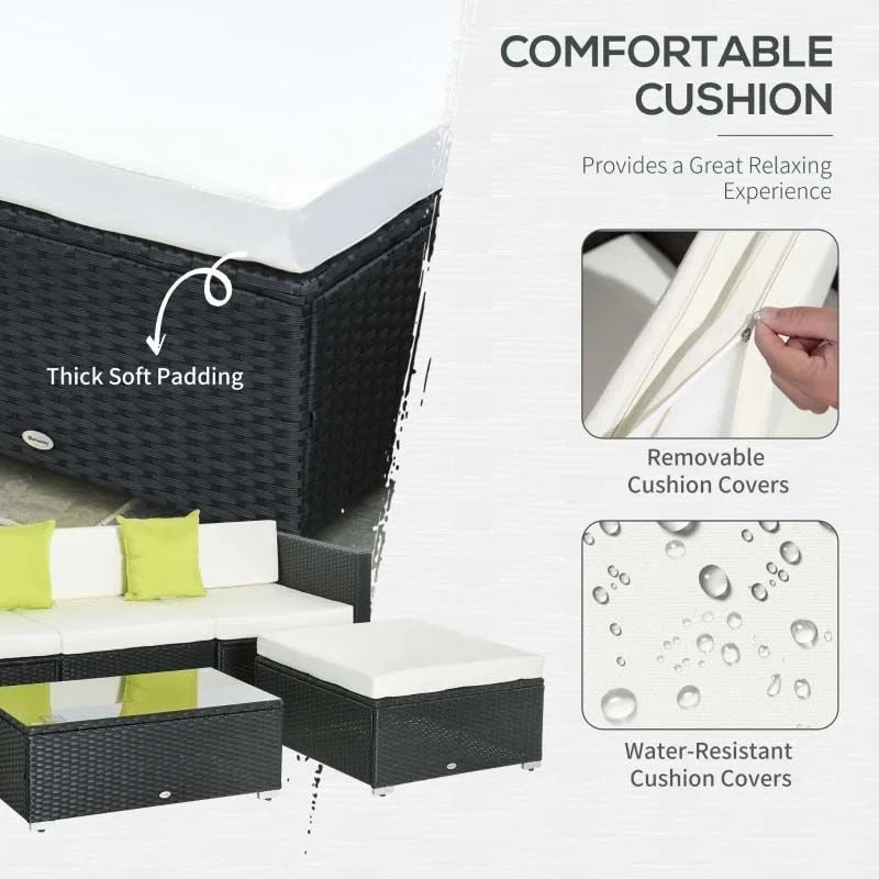 Outsunny 5 Piece Rattan Garden Furniture Set - Cream White/Black - 860-017BK - Image 5