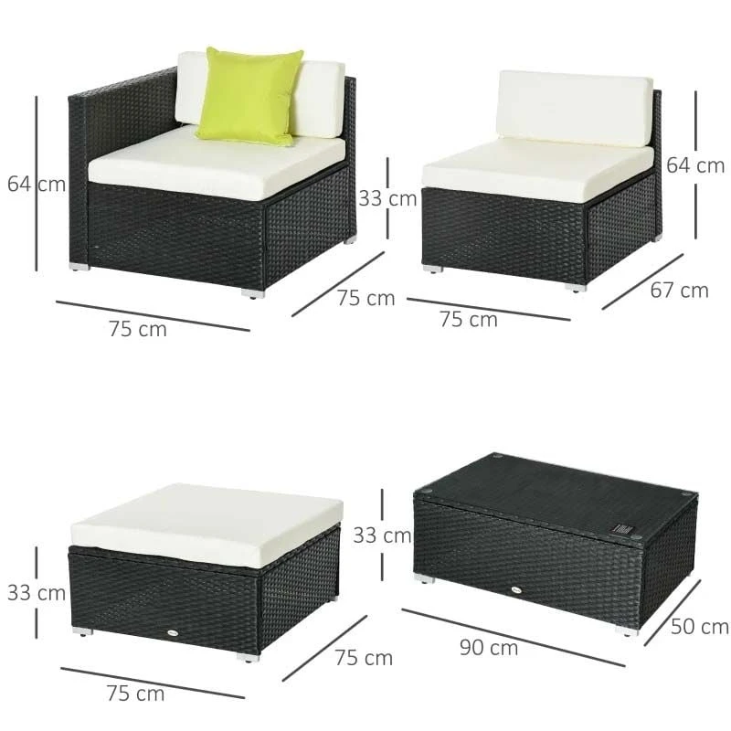 Outsunny 5 Piece Rattan Garden Furniture Set - Cream White/Black - 860-017BK - Image 3