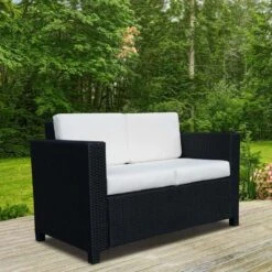 Outsunny Rattan 2 Seater Garden Sofa - Black/Cream - 860-031BK