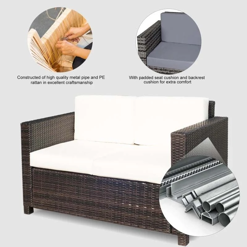 Outsunny Rattan 2 Seater Garden Sofa - Brown/Cream - 860-031BN - Image 5