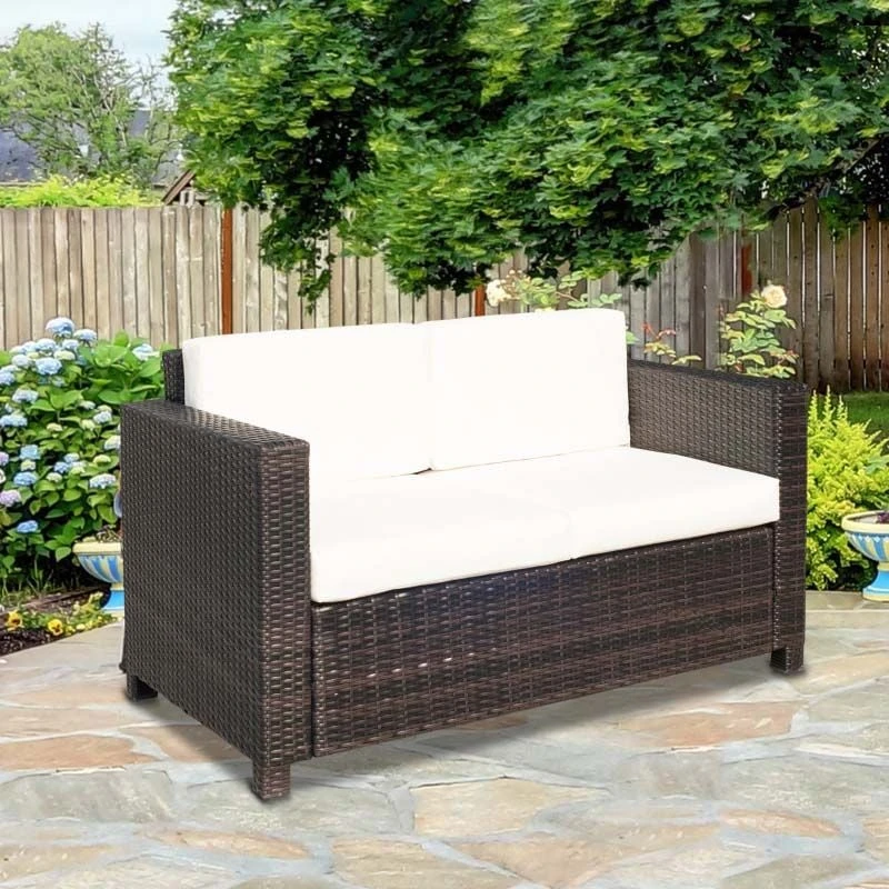 Outsunny Rattan 2 Seater Garden Sofa - Brown/Cream - 860-031BN