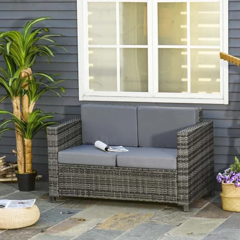 Outsunny Rattan 2 Seater Garden Sofa - Grey - 860-031GY
