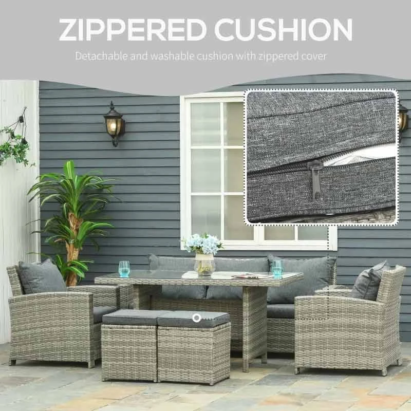 Outsunny 7-Seater Rattan Dining Set With Cushions - Grey - 860-069 - Image 5