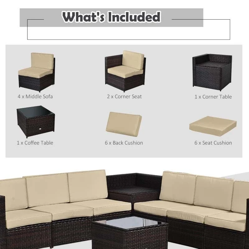 Outsunny 6-Seater Rattan Garden Furniture Set With Cushions - Brown - 860-072V01BN - Image 6
