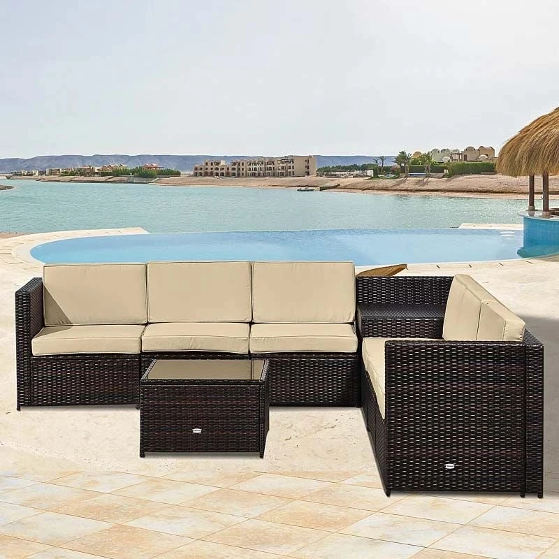 Outsunny 6-Seater Rattan Garden Furniture Set With Cushions - Brown - 860-072V01BN - Image 10