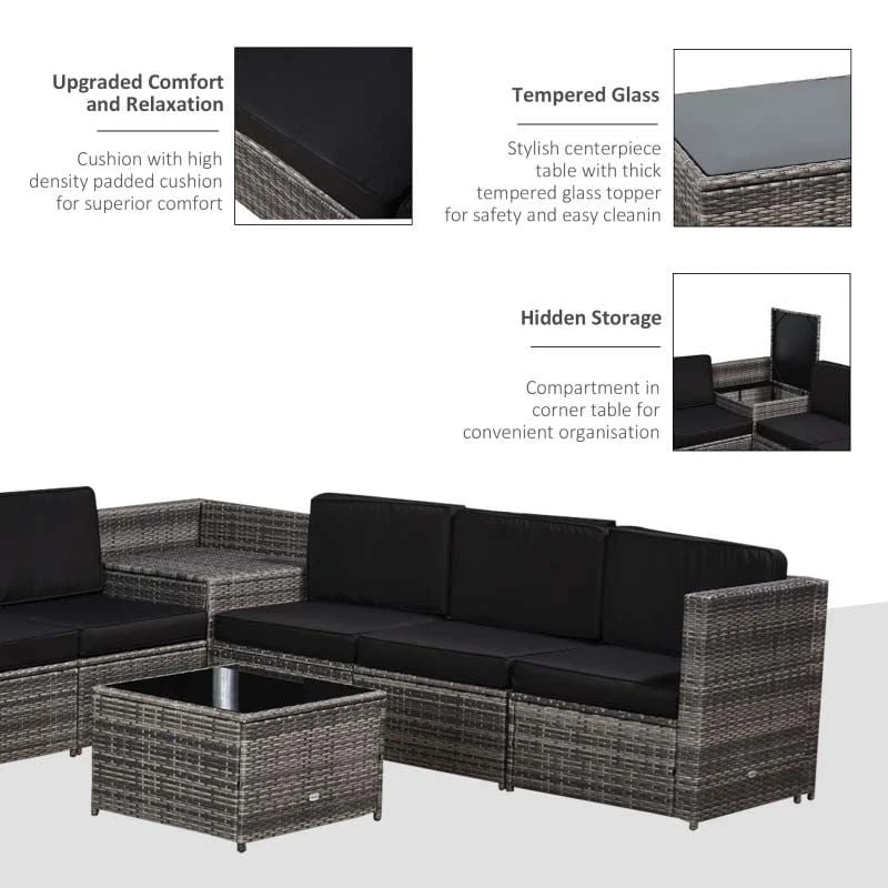 Outsunny 6-Seater Rattan Garden Furniture Set - Grey - 860-072V01GY - Image 5