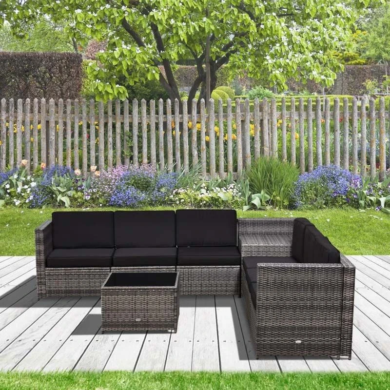 Outsunny 6-Seater Rattan Garden Furniture Set - Grey - 860-072V01GY