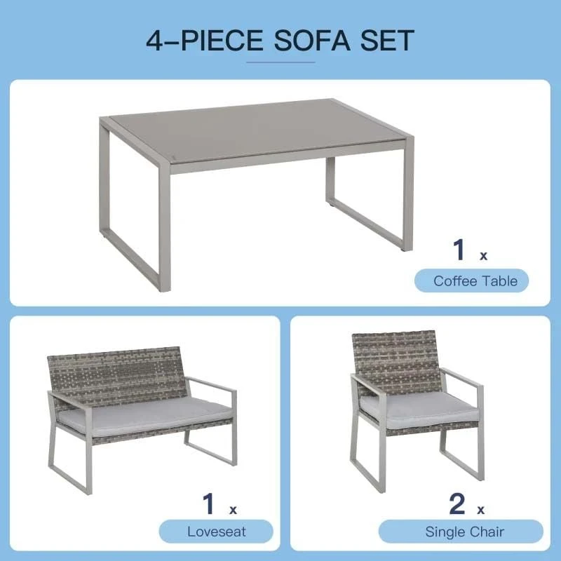 Outsunny 4-Seater Rattan Garden Furniture Set - Grey - 860-082V70 - Image 4