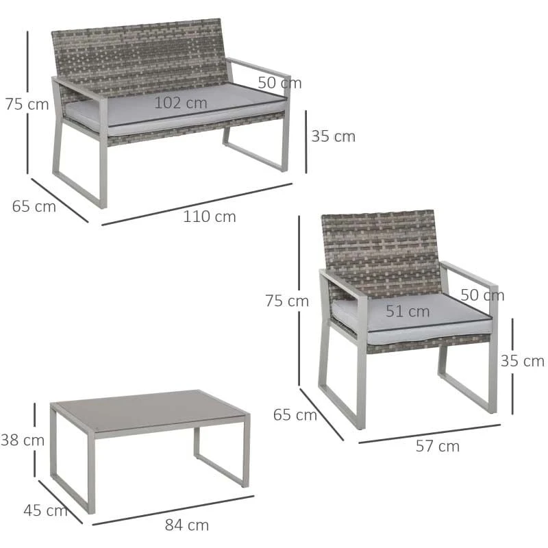 Outsunny 4-Seater Rattan Garden Furniture Set - Grey - 860-082V70 - Image 3