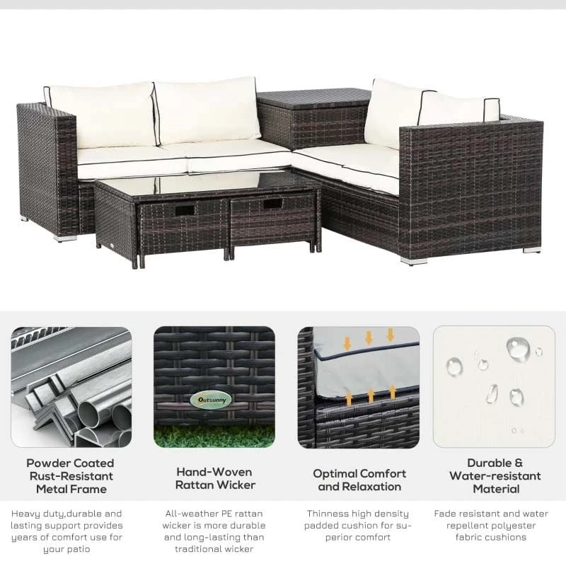 Outsunny 4-Seater Rattan Garden Furniture Set - Table/Storage - Brown - 860-104V70BN - Image 6
