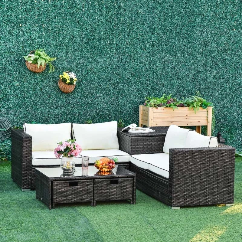 Outsunny 4-Seater Rattan Garden Furniture Set - Table/Storage - Brown - 860-104V70BN - Image 9