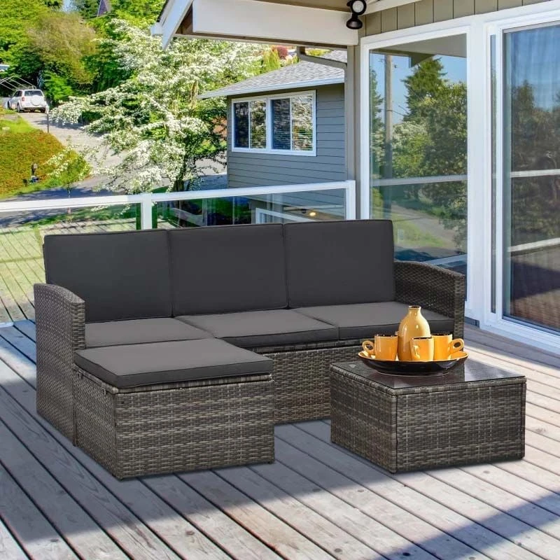 Outsunny 4-Seater Rattan Furniture Garden Set - Grey - 860-116V70