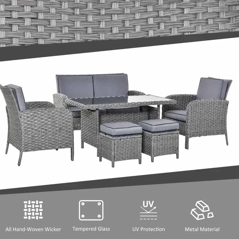 Outsunny 6-Seater Rattan Wicker Dining Table & Chairs Set With Cushions - Grey - 860-136V70 - Image 4