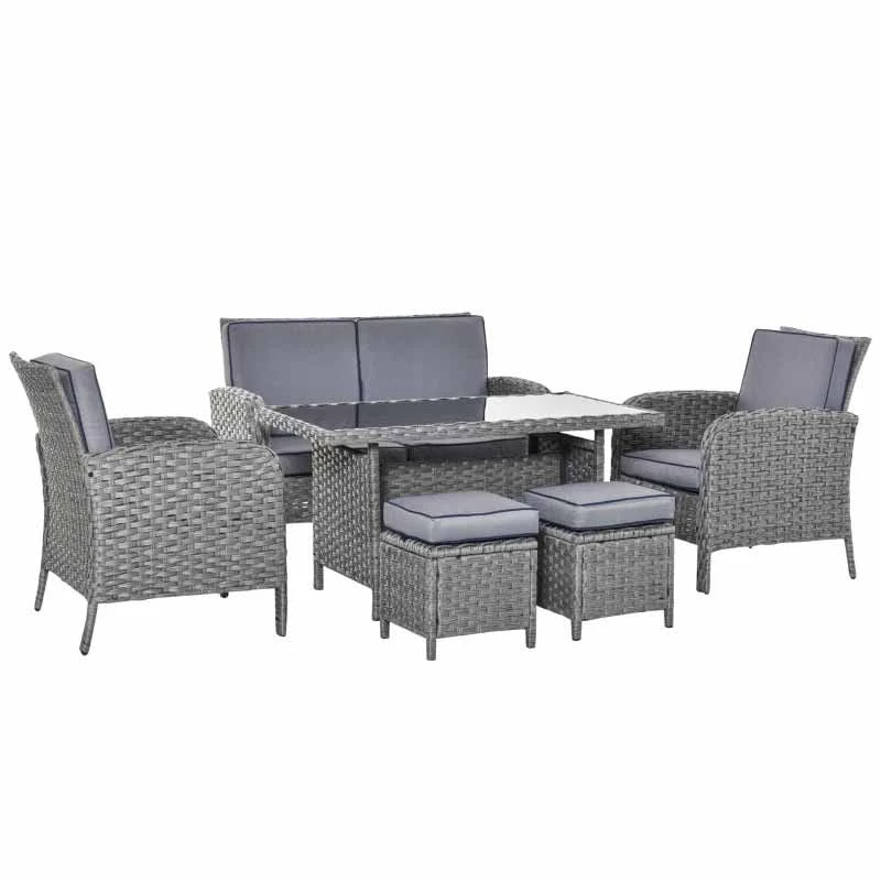 Outsunny 6-Seater Rattan Wicker Dining Table & Chairs Set With Cushions - Grey - 860-136V70 - Image 3