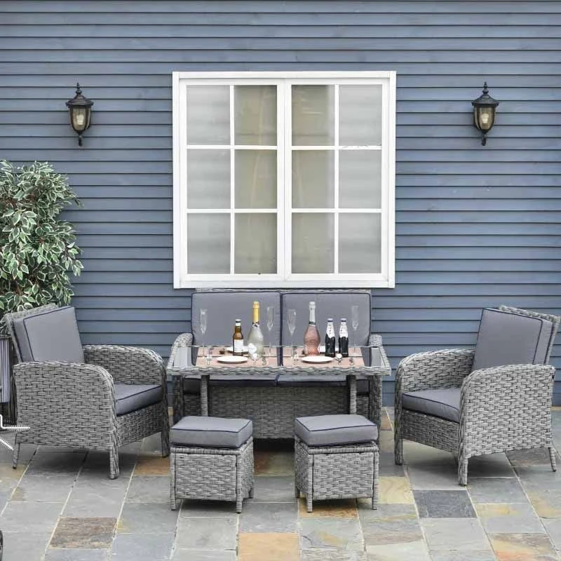 Outsunny 6-Seater Rattan Wicker Dining Table & Chairs Set With Cushions - Grey - 860-136V70 - Image 10