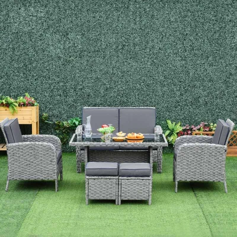 Outsunny 6-Seater Rattan Wicker Dining Table & Chairs Set With Cushions - Grey - 860-136V70