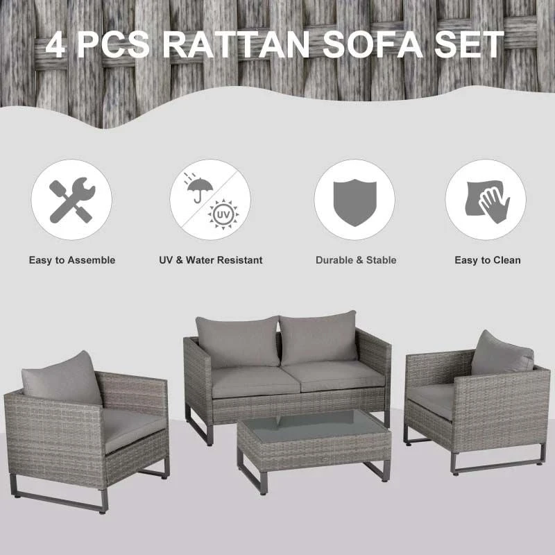 Outsunny 4-Seater Rattan Garden Furniture Set - Grey - 860-142V70 - Image 4
