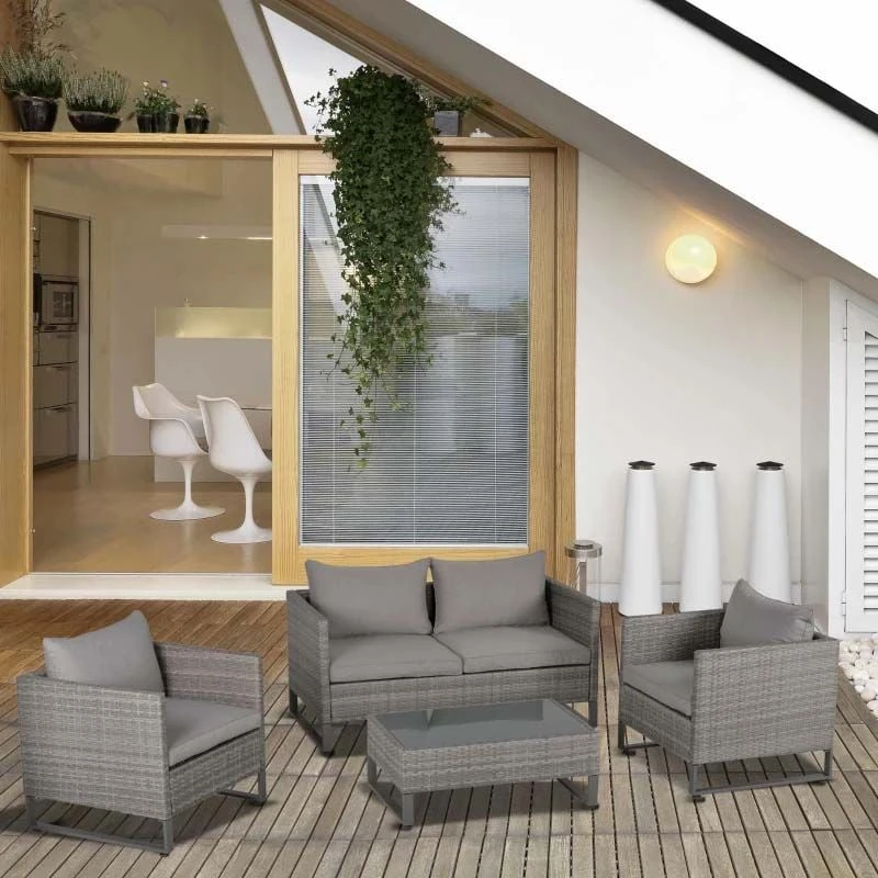 Outsunny 4-Seater Rattan Garden Furniture Set - Grey - 860-142V70