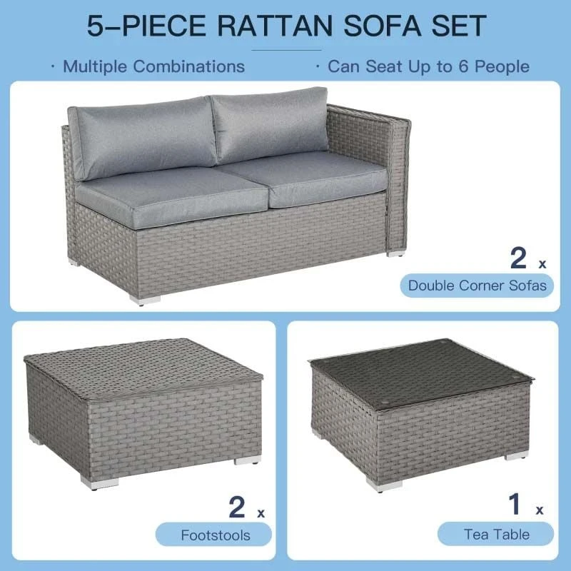 Outsunny 6-Seater Rattan L-Shaped Furniture Garden Set - Grey - 860-147 - Image 7