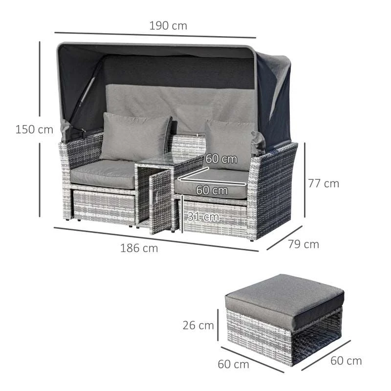 Outsunny 2-Seater Rattan Garden Furniture Set With Canopy - Grey - 860-171 - Image 3