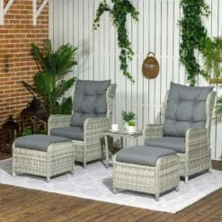 Outsunny 2-Seater Rattan Reclining Sun Lounger Set - Grey - 860-264V00GY