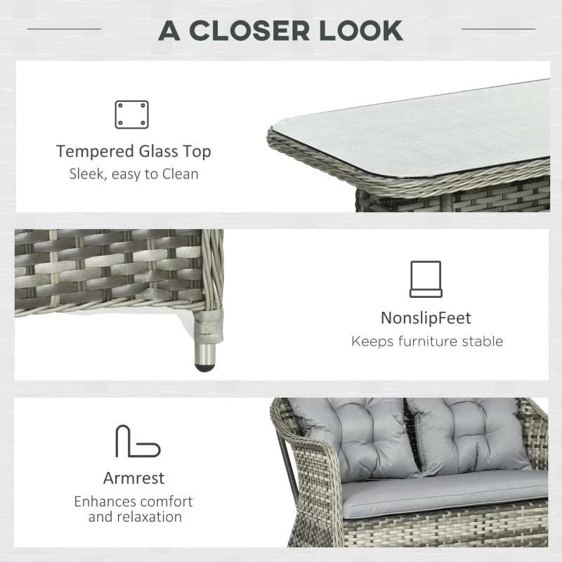 Outsunny 4-Seater Rattan Garden Furniture Set - Grey - 860-297V70GY - Image 6