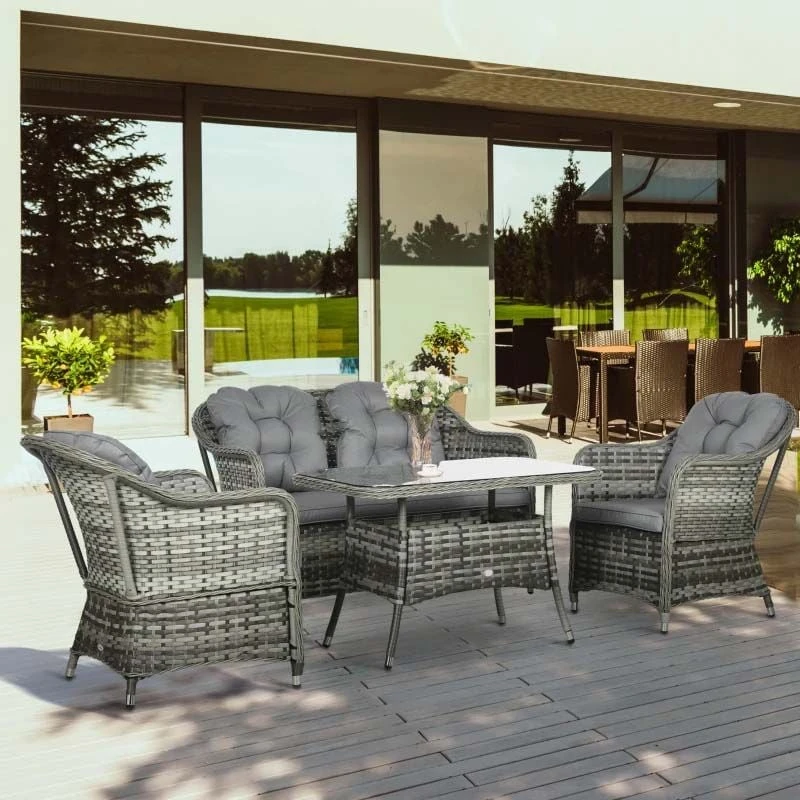 Outsunny 4-Seater Rattan Garden Furniture Set - Grey - 860-297V70GY - Image 9