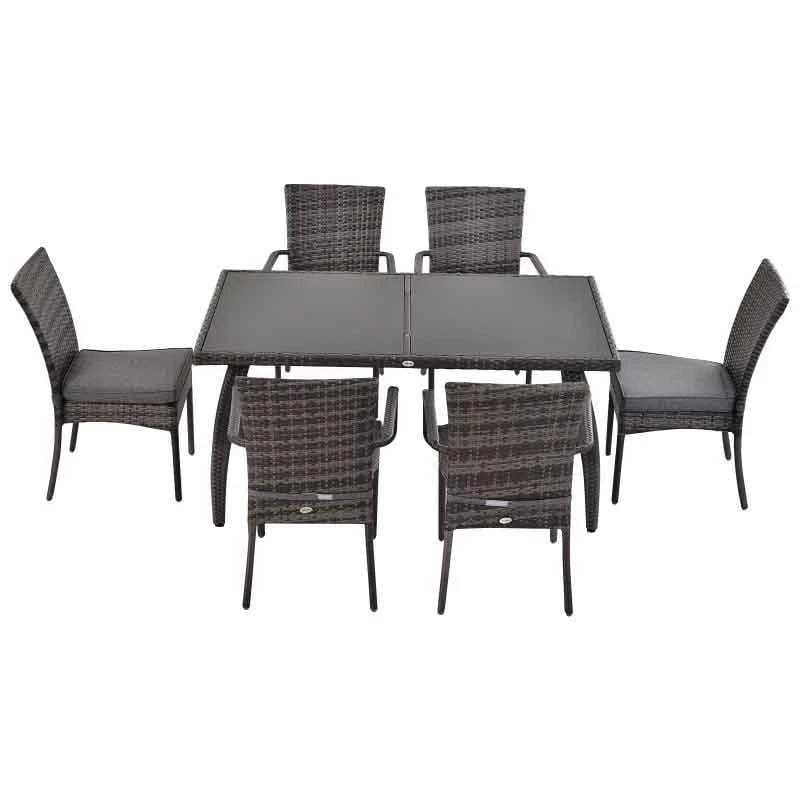 Outsunny 6-Seater Dining Rattan Wicker Table & Chairs Set - Grey - 861-026GY - Image 3