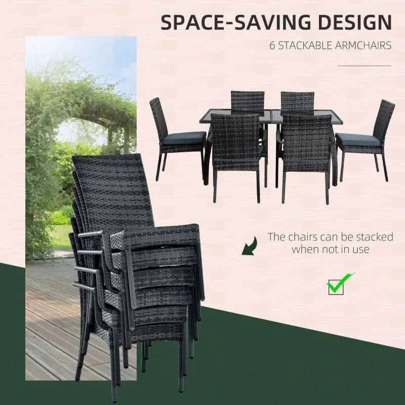 Outsunny 6-Seater Dining Rattan Wicker Table & Chairs Set - Grey - 861-026GY - Image 5