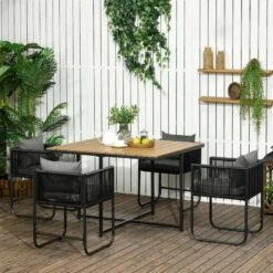 Outsunny 5 Piece Patio PE Rattan Wicker Dining Table & Chairs Set - Black - 861-061V00ND