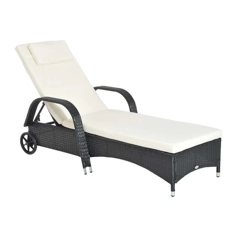 Outsunny Rattan Reclining Sun Lounger - Black/Cream - 862-005V01BK - Image 2