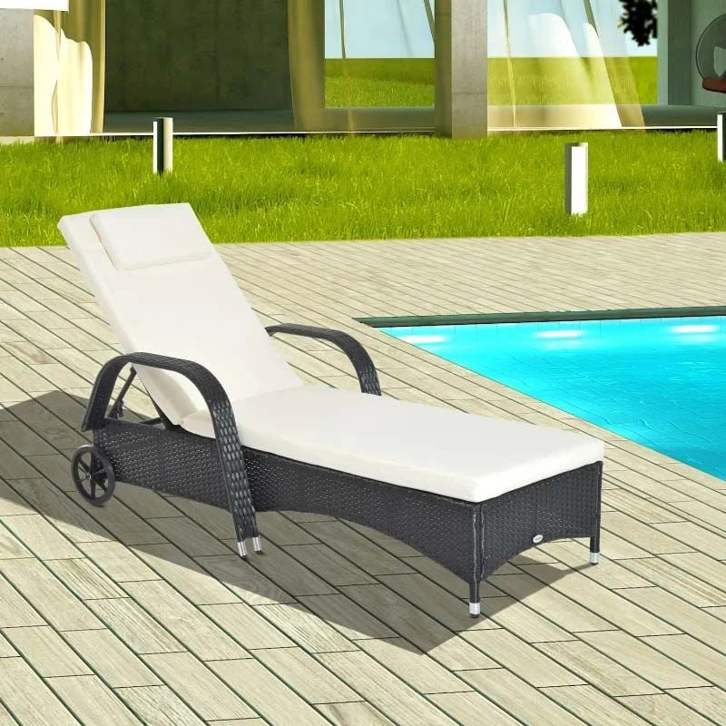 Outsunny Rattan Reclining Sun Lounger - Black/Cream - 862-005V01BK